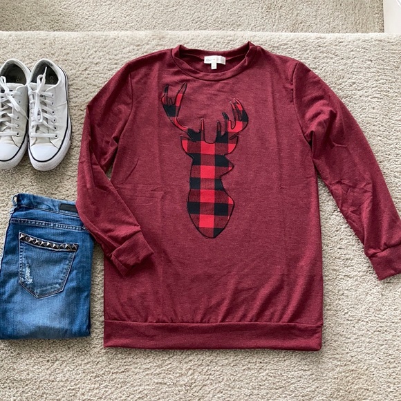 French Terry Long Sleeve Plaid Reindeer Top - Picture 6 of 10